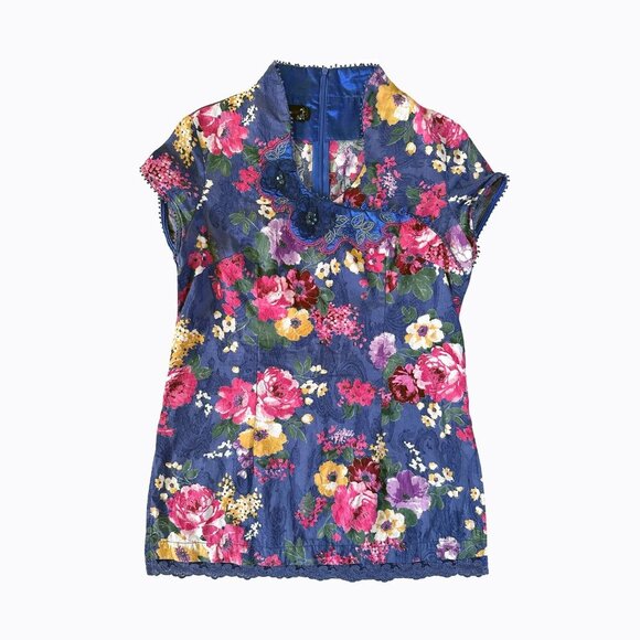 Floral French Blue Multicolor Top Sz M/L Cap Sleeve 3D Brocade Lace Trim Garden - Picture 1 of 11
